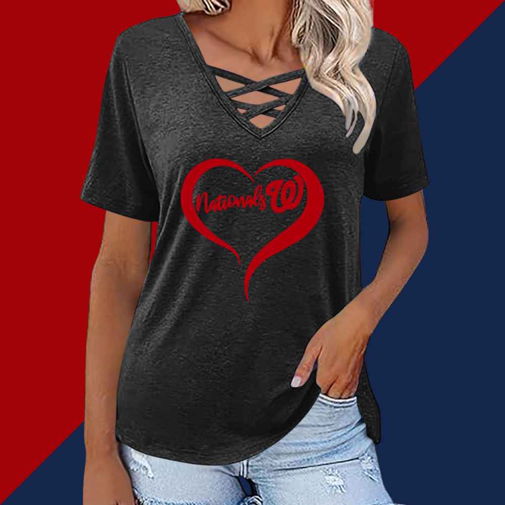 Fashionable V-neck loose short-sleeved shirt-Washington Nationals - Baseswear