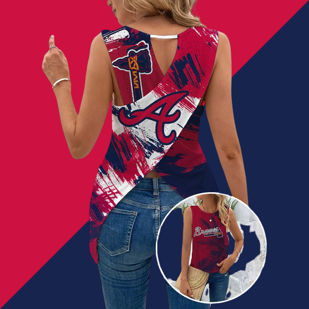Cut Out Wrap Cross Wrap Back Asymmetrical Hem Tank Top-Atlanta Braves - Baseswear