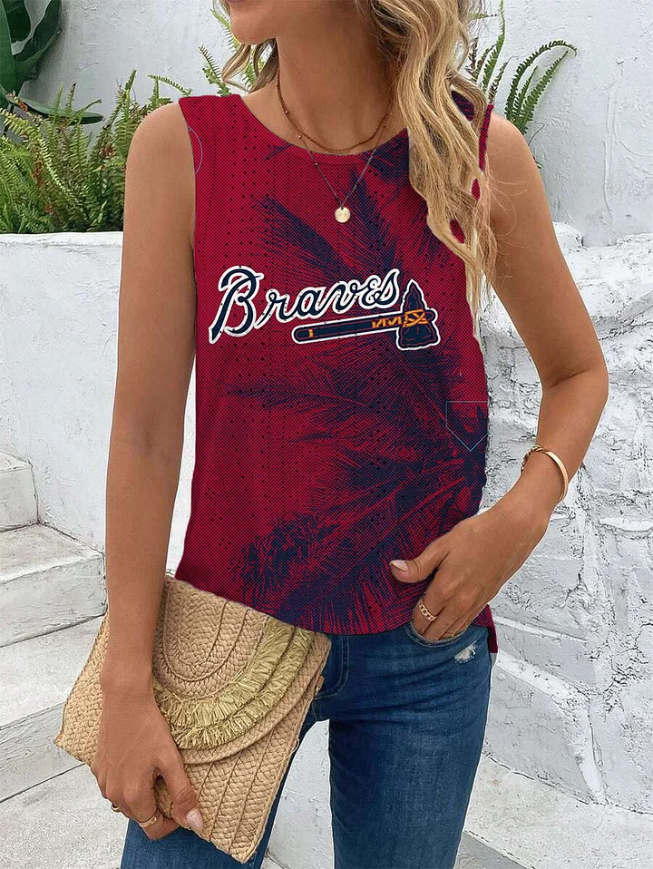 Cut Out Wrap Cross Wrap Back Asymmetrical Hem Tank Top-Atlanta Braves - Baseswear