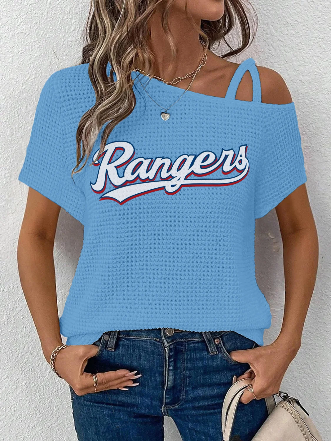 Asymmetrical Neck Short Sleeve T-Shirt-Texas Rangers - Baseswear