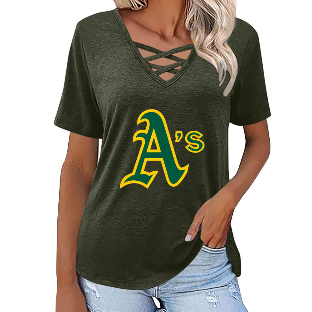 Fashionable V-neck loose short-sleeved shirt-Oakland Athletics - Baseswear