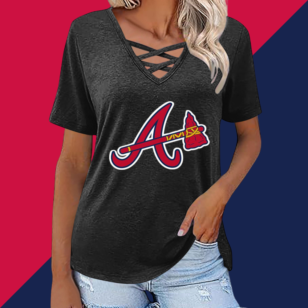 Fashionable V-neck loose short-sleeved shirt-Atlanta Braves - Baseswear