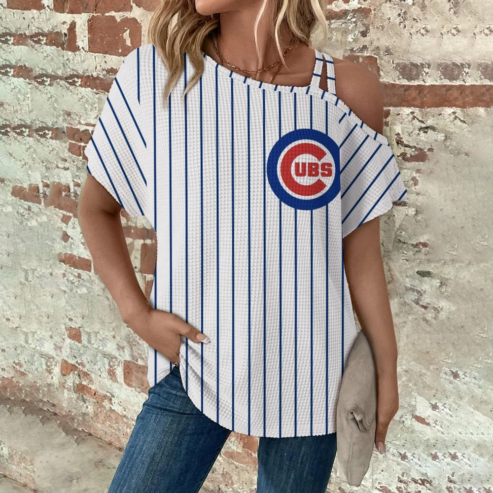 Asymmetrical Neck Short Sleeve T-Shirt-Chicago Cubs - Baseswear