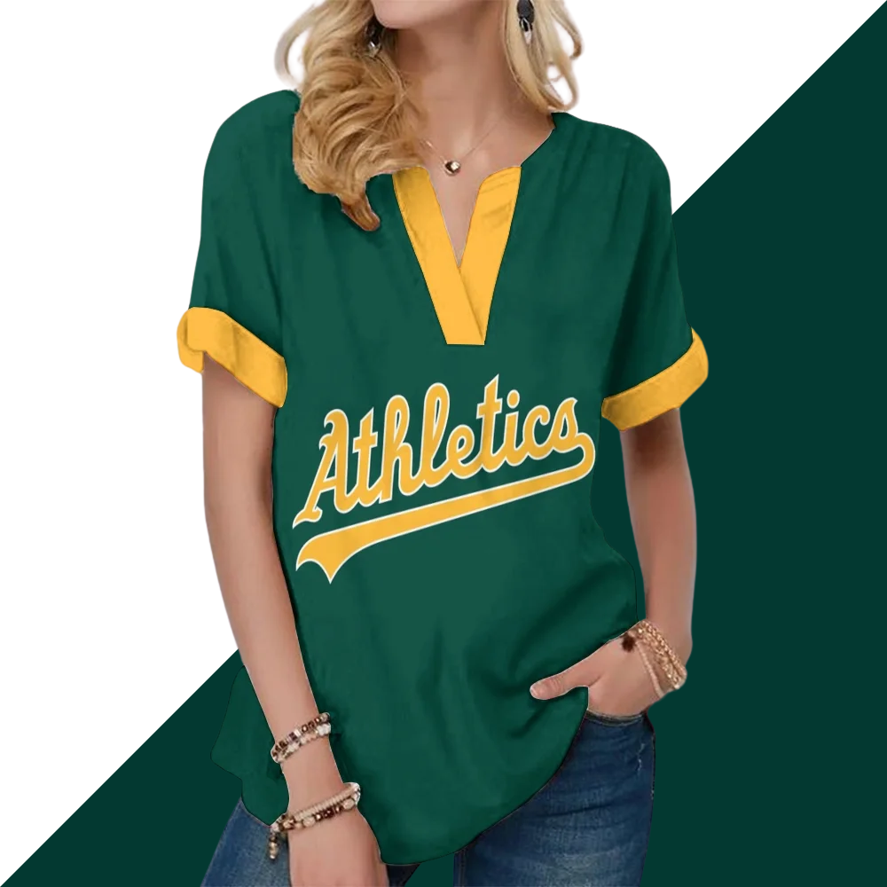 New Fashion Short Sleeve V-Neck Shirt-Oakland Athletics - Baseswear