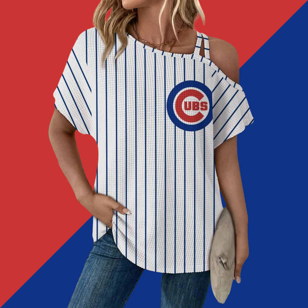 Asymmetrical Neck Short Sleeve T-Shirt-Chicago Cubs - Baseswear
