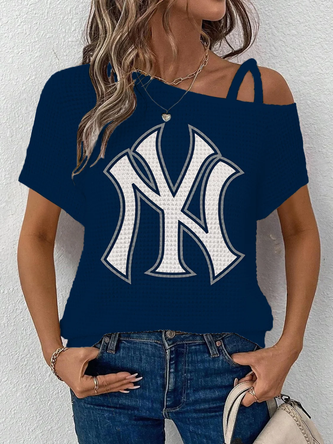 Asymmetrical Neck Short Sleeve T-Shirt-New York Yankees - Baseswear