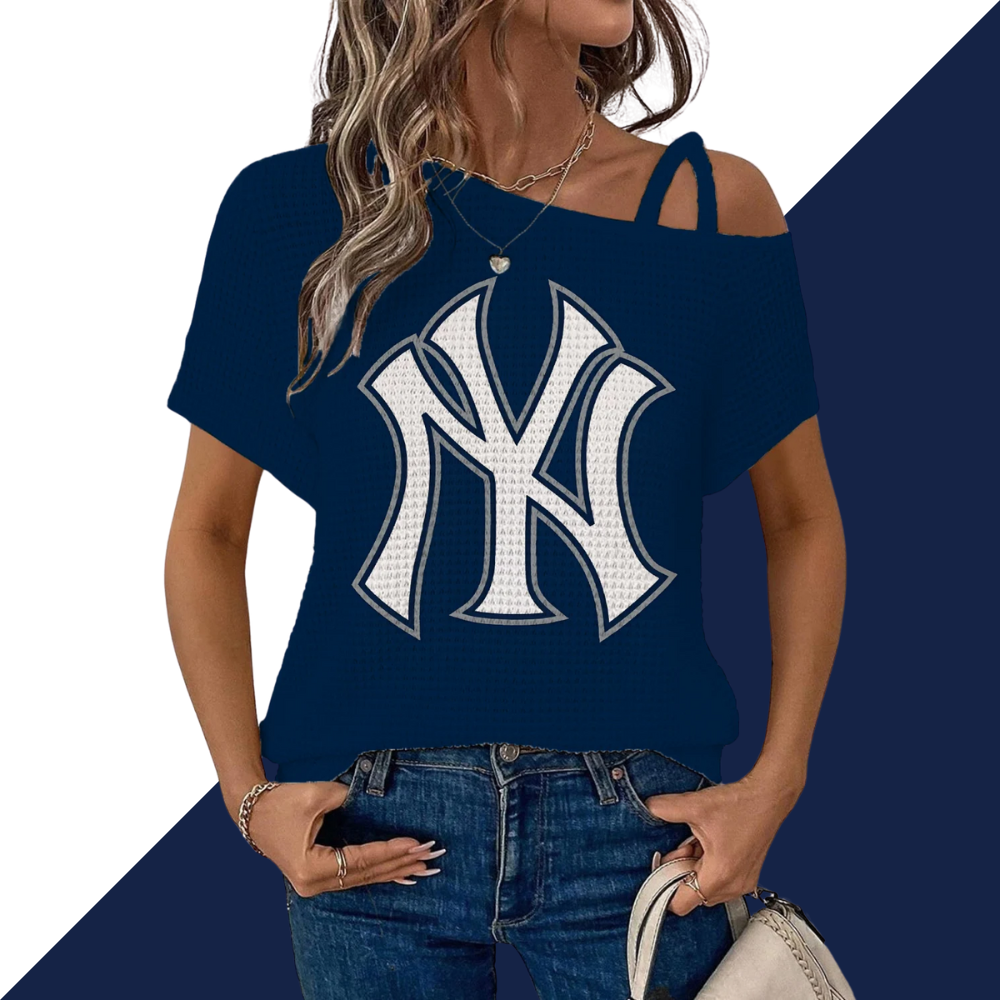 Asymmetrical Neck Short Sleeve T-Shirt-New York Yankees - Baseswear