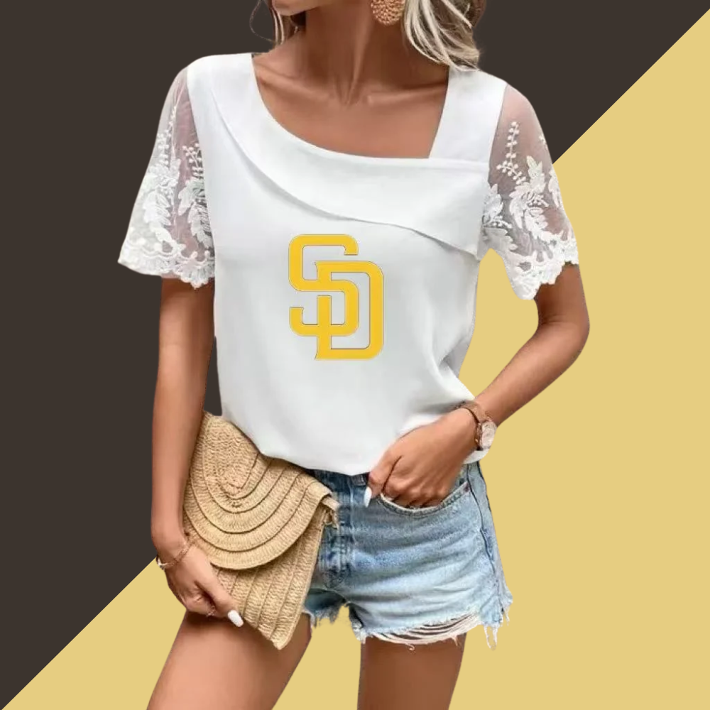 Printed lace short-sleeved blouse with slanted collar - Baseswear