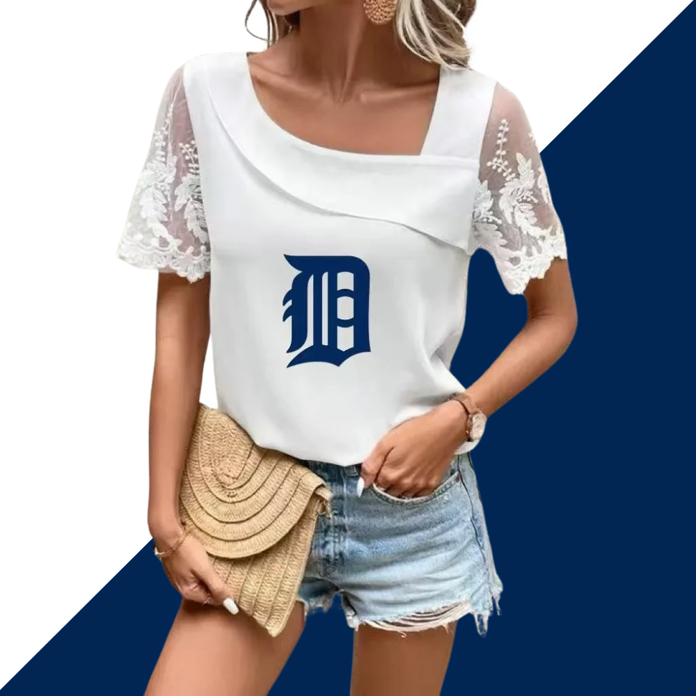 Printed lace short-sleeved blouse with slanted collar - Baseswear
