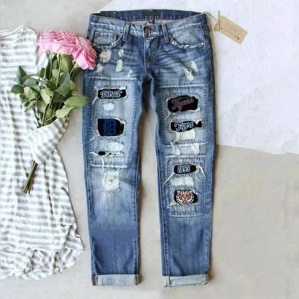 casual fashion perforated printed jeans - Baseswear