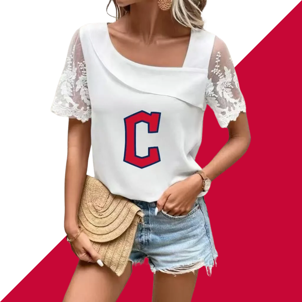 Printed lace short-sleeved blouse with slanted collar - Baseswear