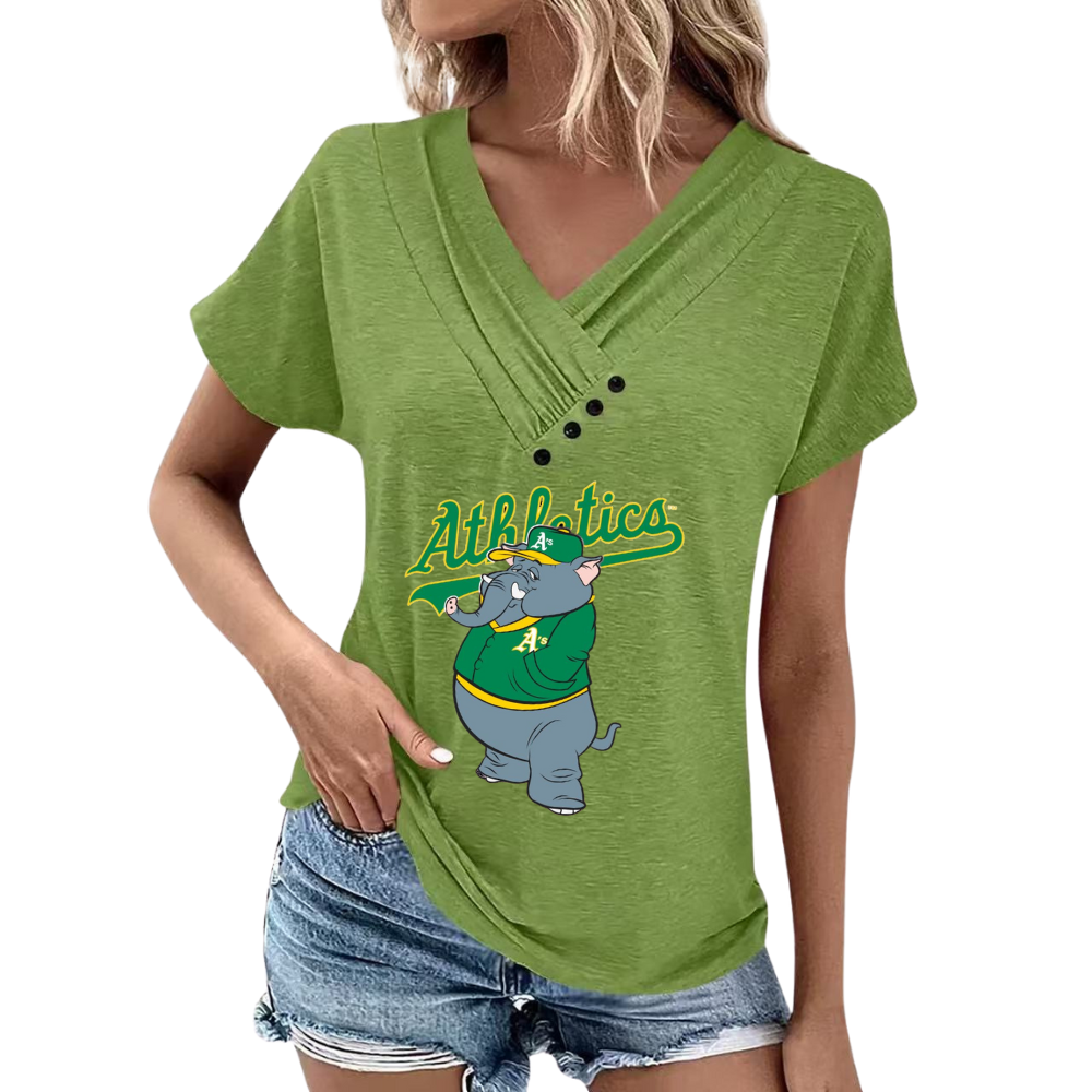Simple V-Neck Short Sleeve T-Shirt-Oakland Athletics - Baseswear