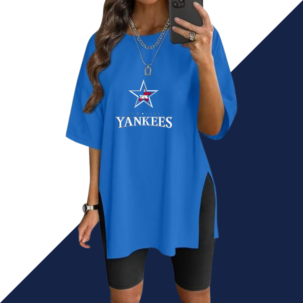 Stylish Printed Side-Slit Crew Neck T-Shirt-New York Yankees - Baseswear