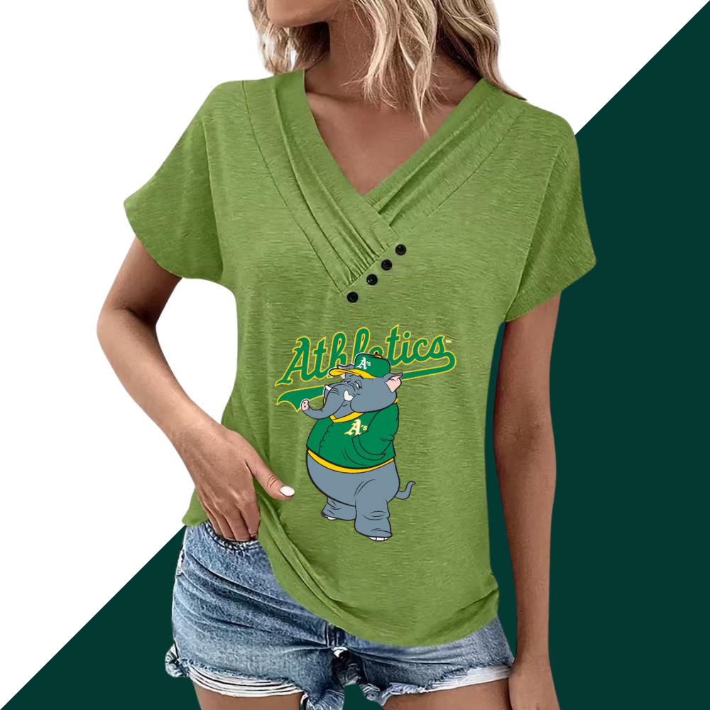 Simple V-Neck Short Sleeve T-Shirt-Oakland Athletics - Baseswear