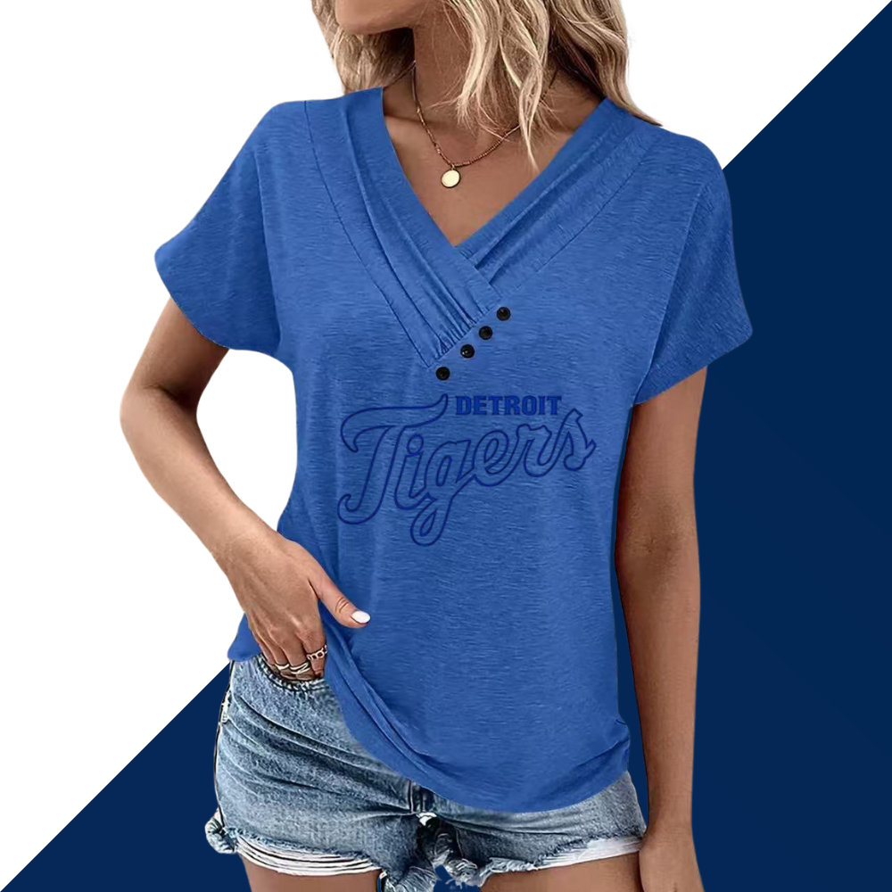 Simple V-Neck Short Sleeve T-Shirt-Detroit Tigers - Baseswear