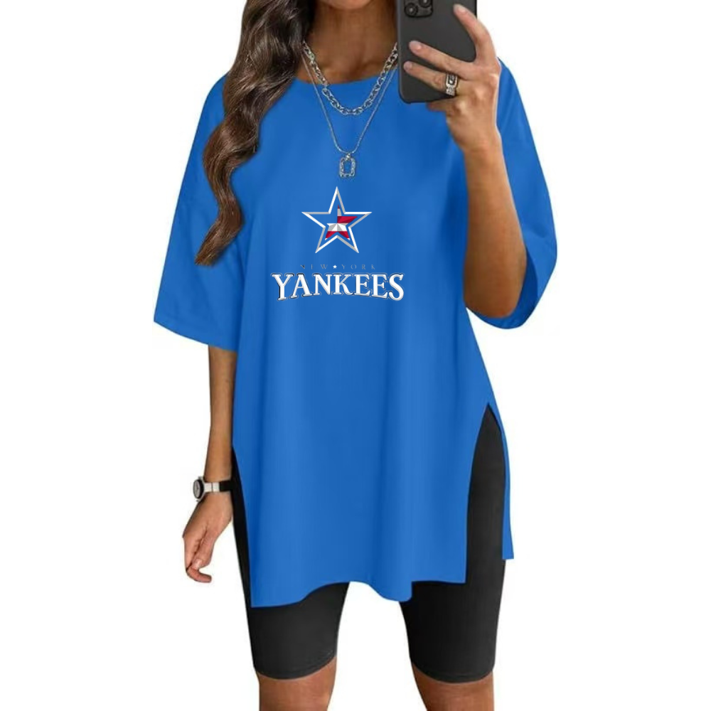 Stylish Printed Side-Slit Crew Neck T-Shirt-New York Yankees - Baseswear